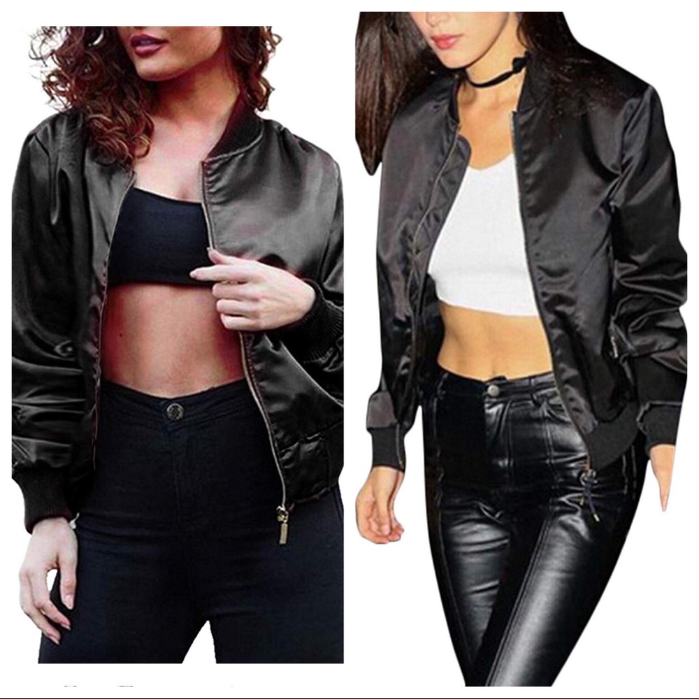 BLACK ZIP BOMBER JACKET SHINY